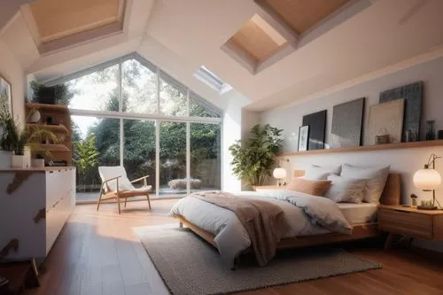 modern room,loft,bedroom,wooden windows,attic,bedroom window,great room,canopy bed,wooden beams,sleeping room,wood window,guest room,danish room,dormer window,home interior,skylight,daylighting,window