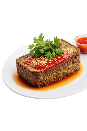 Meatloaf, savory dish, golden brown crust, juicy interior, ketchup glaze, sesame seeds on top, served on white plate, garnished with parsley, 3/4 composition, warm lighting, shallow depth of field, ap