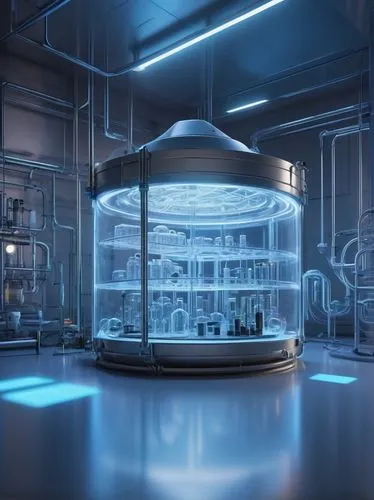 Futuristic laboratory interior, stable diffusion chamber, glass container, misty atmosphere, soft blue light, metallic equipment, pipes, wires, futuristic sci-fi setting, high-tech details, calm ambia