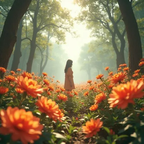 Vibrant 3D Anime Concept Art. Medium Shot. Realistic fantasy flowers in warm colours, impossible in nature, surrounding a figure, in a forest with a beach in the background. Telephoto Lens. Inspired b