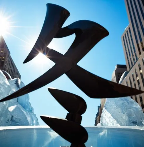 Crystal glass statue in front of ice ring at the rockefeller center in winter on a sunny day,an artistic piece that includes a stylized figure surrounded by ice,sundial,winterlude,steel sculpture,mobi