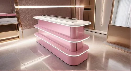 Cosmetic display tables, support plates terazo tiles with white pink-toned grains, center columns stainless steel, warm-temperature indirect lighting, skin lotion and mirror display,luxury bathroom,be