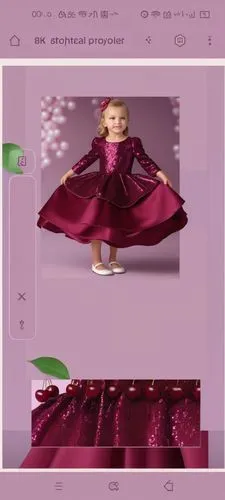 3d fashion drawing for satin dress for kids with three layers kalosh . first layer is dark pink with dark burgundy cherries and sequins branch drawn on it.second layer is burgundy.third layer is very 