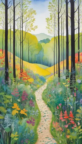 Invent a magical land where rebstocks grow in different colors. Describe the vibrant rebstock forest.,pathway,meadow in pastel,hare trail,forest path,forest road,brook landscape,bluebells,forest lands