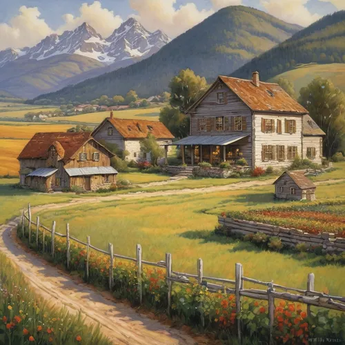 Construct a cozy country farmhouse surrounded by fields and mountains,rural landscape,farm landscape,home landscape,alpine village,meadow landscape,salt meadow landscape,mountain village,landscape bac