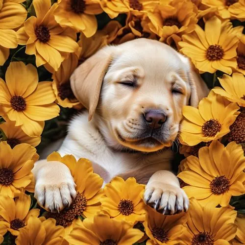 blanket of flowers,cute puppy,yellow daisies,flower background,golden flowers,labrador retriever,Photography,General,Realistic