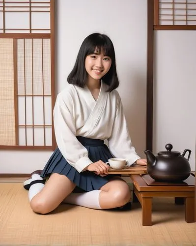 Cute Asian girl, 18yo, sweet smiling face, big shining eyes, black hair with bangs, natural makeup, white blouse, short pleated skirt, white socks, brown loafers, holding a stuffed animal, sitting on 