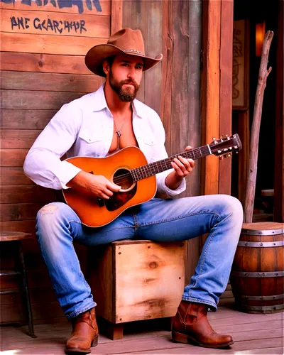 Old West cowboy, rugged, worn leather boots, faded denim pants, white shirt with rolled-up sleeves, brown cowboy hat, thick beard, weathered face, holding a wooden guitar, sitting on a stool, saloon b