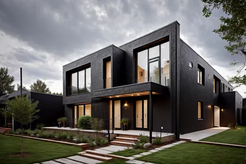 BLACK THEME, BLACK EXTERIOR WALLS,modern house,cube house,modern architecture,cubic house,timber house,frame house,metal cladding,house shape,residential house,two story house,black cut glass,wooden h