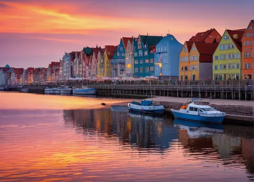 Describe the picturesque beauty of Rostock's shoreline at sunset.,trondheim,hanseatic city,christianshavn,greifswald harbor,nyhavn,willemstad,gdańsk,lübeck,denmark,scandinavia,copenhagen,malmö,husum,h