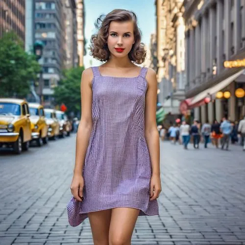 a girl in a dress,polka dot dress,purple dress,vintage dress,shirtdresses,girl in a long dress,retro woman,retro girl,vintage girl,shirtdress,retro women,girl in red dress,50's style,women fashion,street shot,vintage woman,pin-up model,on the street,girl in white dress,retro pin up girl,Photography,General,Realistic