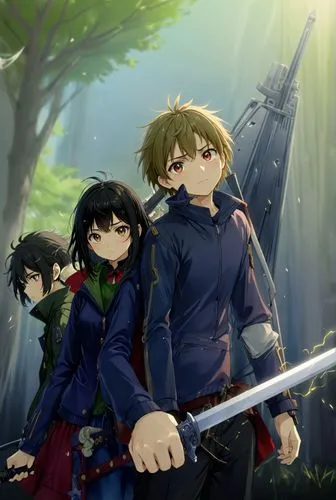 niño sosteniendo espada y niña sosteniendo pistola,two anime characters holding sword standing in the woods,swordsmen,archers,pelleas,swordsmanship,teito,madlax,Anime,Anime,Realistic