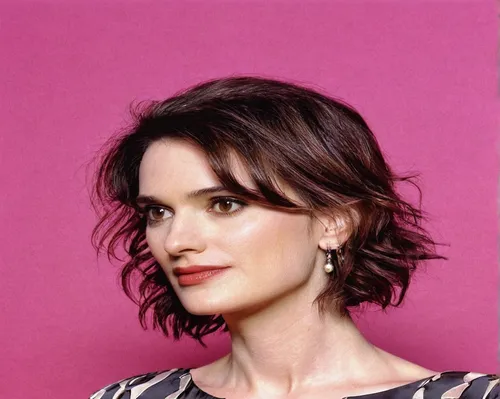 shoulder length,official portrait,beautiful woman,smooth hair,semi-profile,earrings,layered hair,pretty woman,jaw,cg,pink background,princess sofia,gorgeous,pretty,haired,romantic look,brunette,asymmetric cut,simone simon,dark hair,Art,Classical Oil Painting,Classical Oil Painting 28