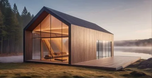 The building, Nordic organic modernism, the background is a forest and fog, there is a lake in front of the building, and the building is projected onto the lake.,wooden sauna,inverted cottage,cubic h