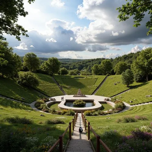 Seamless amphitheater integration, lush green hills, gentle slopes, natural stone seating, wooden railings, curved walkways, vibrant flower beds, tranquil water features, soft grassy lawns, serene for