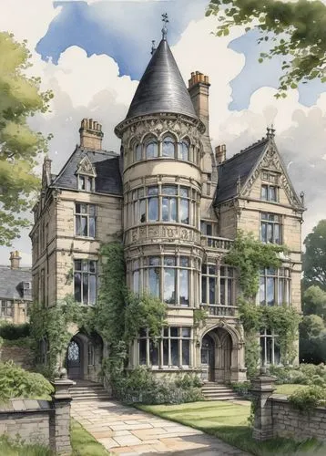 Stutchbury architecture, Victorian-era inspired, ornate facade, intricate stone carvings, grand entrance, arched windows, dormer windows, steeply pitched roofs, chimney stacks, brick and mortar walls,