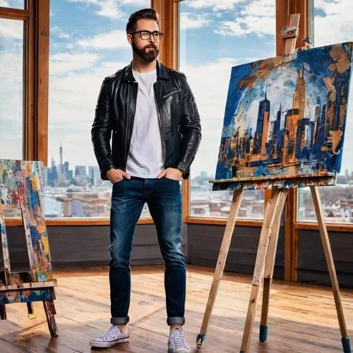 handsome man, Jack, artistic, 30s, short brown hair, stylish beard, trendy glasses, black leather jacket, white shirt, dark blue jeans, Converse shoes, holding a paintbrush, standing in front of an ea