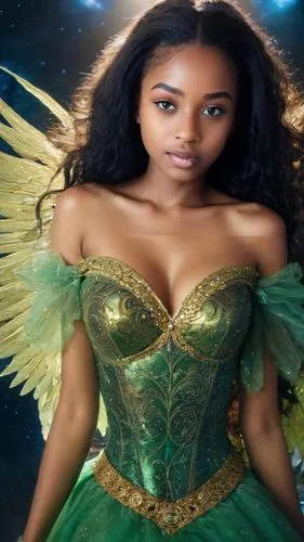 As the universe swirls around the hall, a grand doll with golden wings and a glowing beard gazes intently at the world. Her gaze evocatively as a radiant aura emanates a fiery green hue, oblivious to 