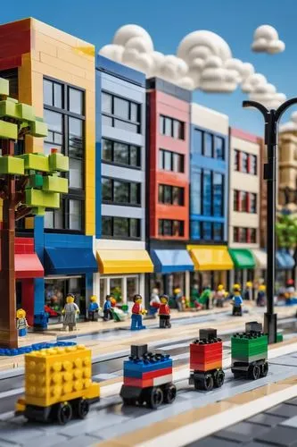 sale sign, Lego bricks, colorful blocks, modular design, intricate details, modern architecture, urban cityscape, daytime, sunny weather, blue sky, fluffy white clouds, busy street scene, pedestrians 