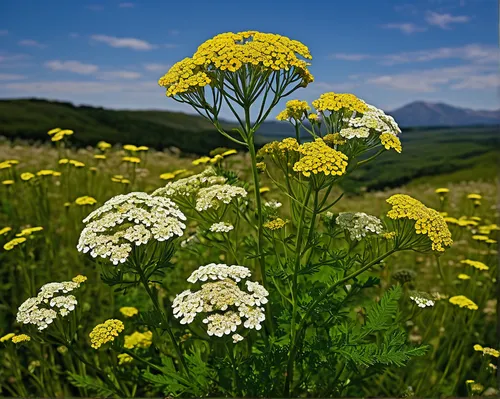 Create a scene of achillea millefolium growing wild and vibrant in the midst of a deserted field.,achillea millefolium,tansy phacelia,tanacetum parthenium,umbelliferae,yarrow,flower umbel,fennel flowe