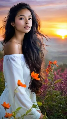 As the sun casts a warm orange glow across the sky, a magnificent woman with radiant red and purple glow flutters gracefully through the sky, her eyes gleaming with enigmatic intensity. She embraces h