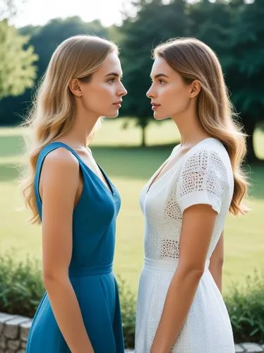 two women, at a suitable distance from each other,two women wearing white dress in the grass,social,wlw,tahiliani,reynolda,olsens,villanova