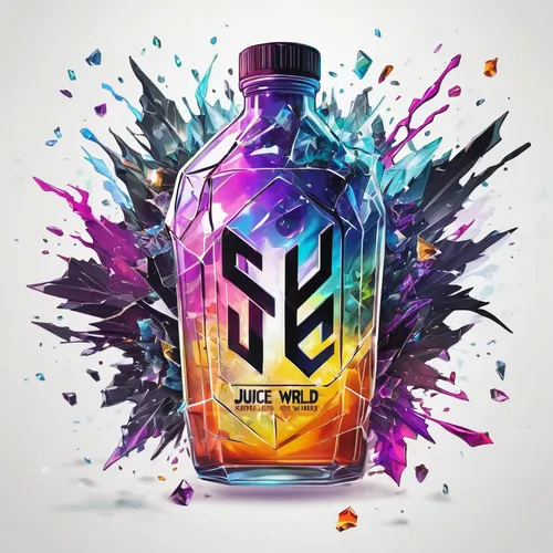 Design an edgy and rebellious Juice Wrld logo with shattered glass,packshot,bottle fiery,flavored syrup,neon tea,zebru,energy drink,grenade,lucozade,colorful foil background,neon light drinks,neon dri