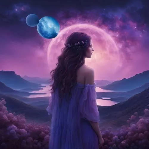 purple moon,blue moon rose,fantasy picture,la violetta,astral traveler,celestial body,mystical portrait of a girl,celestial bodies,fantasy art,blue moon,moonbeam,zodiac sign libra,moon phase,celestial,sailing blue purple,mystical,blue enchantress,purple landscape,sky rose,horoscope libra