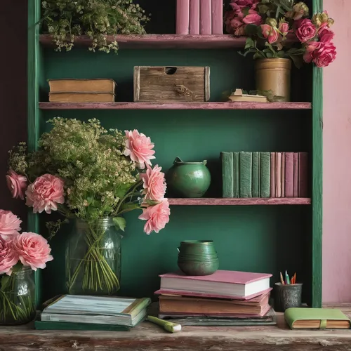 "A room with many flowers and a rustic bookshelf and desk, in shades of green and rose
,flower wall en,floral corner,floral background,pink floral background,bookshelves,bookcase,floral digital backgr