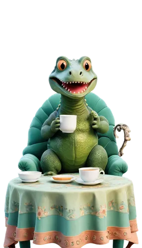 Tea Rex, cartoon dinosaur, green scaly skin, big eyes, smiling face, holding tea cup, saucer, steam rising, British-style afternoon tea, fancy tablecloth, ornate chair, warm lighting, soft focus, past