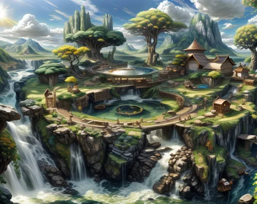 fantasy landscape,mushroom island,fantasy world,fairy village,an island far away landscape,fairy world,floating islands,ancient city,flying island,island of fyn,mushroom landscape,fantasy city,floating island,aurora village,skyland,bird kingdom,artificial island,knight village,mountain settlement,meteora