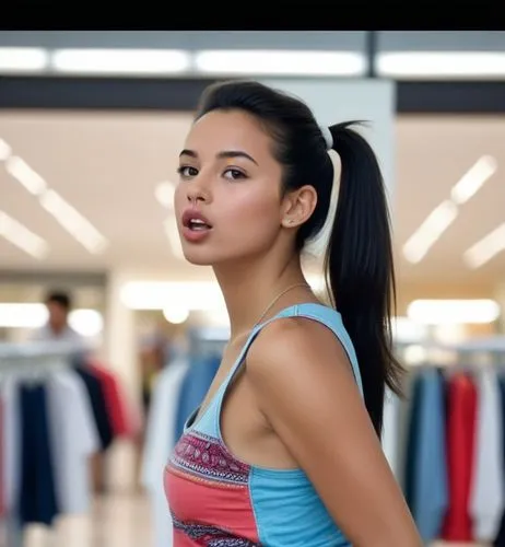 The beautiful Moroccan girl with the black hair in a ponytail is shopping in the mall.  She wears a colorful tank top and short jeans.  On her feet are white sneakers.  And she blows a kiss.,an attrac