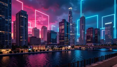 dubai,dubai marina,dubia,cybercity,doha,ctbuh,metropolis,neon arrows,city at night,guangzhou,cityscape,skyscrapers,shanghai,city skyline,cyberport,tetris,chicago skyline,cyberpunk,colorful city,hypermodern