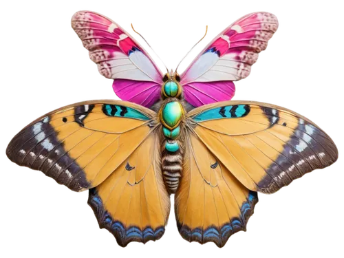 Delicate moth, colorful butterfly, spread wings, intricate patterns, soft focus, macro shot, shallow depth of field, warm lighting, 3/4 composition, white background, gentle pose, antennae details, co