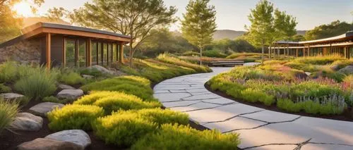 Sustainable eco-friendly landscape, modern minimalist architecture, green roofs, solar panels, recycling facilities, rainwater harvesting system, organic community garden, meandering walkways, native 