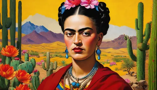 Peint par frida khalo : Dans un vieux village mexicain, entourés de fleurs et oiseaux exotiques et cactus, Monsieur Salvador Dali (on reconnait bien ses grands yeux étonnés et sa moustache fine qui se