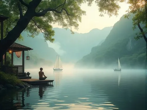 Serenity lakefront, misty morning, lush greenery surroundings, majestic mountain backdrop, gentle ripples on water surface, few sailboats drifting, tranquil atmosphere, spiritual ambiance, mature tree