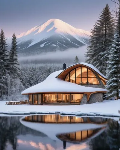 Modern farmhouse, Lochaber Paper Igloo, unique structure, white paper exterior, curved lines, snow-capped roof, surrounded by evergreen trees, frozen lake in the background, misty mountains, warm ligh