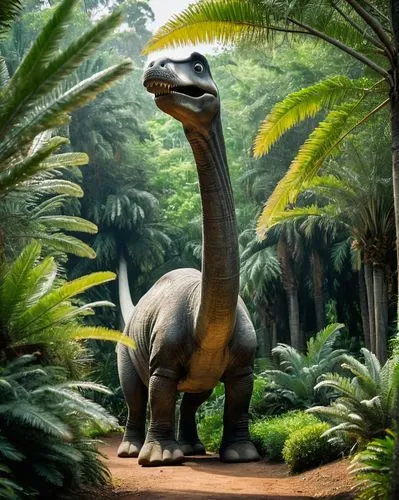 侏罗纪时代的蜥脚类恐龙（Diplodocus））懒洋洋地咀嚼着苏铁叶，靠近观看者，细致的面部表情、恐龙、热带气候、自然历史。,恐龍,camarasaurus,brachiosaurus,saltasaurus,thecodontosaurus,apatosaurus,iguanodon,Photography,Documentary Photography,Documentary Photogra