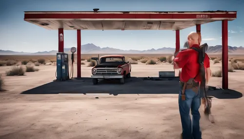 a man is staring at an antique truck in the desert,truck stop,gasoline,gas pump,e-gas station,truckstop,route 66