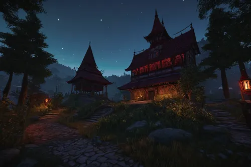 devilwood,knight village,dusk,aurora village,witch's house,northrend,druid grove,escher village,mountain settlement,kadala,alpine village,tavern,night view,castle iron market,at night,house in the forest,rathauskeller,medieval town,the park at night,night scene,Illustration,Realistic Fantasy,Realistic Fantasy 41