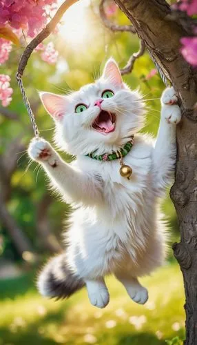 hanging cat,tree swing,blossom kitten,cats in tree,cute cat,playing outdoors,funny cat,he is climbing up a tree,leap for joy,white cat,cat warrior,tarzan,turkish van,cat,turkish angora,hanging swing,ragdoll,swinging,cat image,cherry blossom branch,Art,Classical Oil Painting,Classical Oil Painting 01