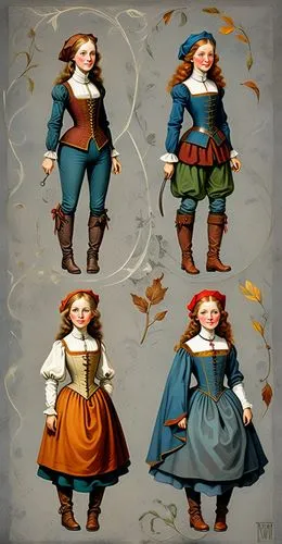 Paper doll medieval noble women in white blouse , grey tight legging with brown boot standing with a set of elegant medieval noble dress full color colorful,sewing pattern girls,fairytale characters,f