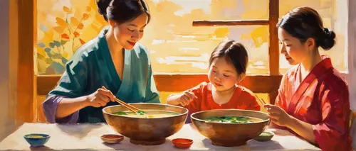 Write a heartwarming story about a family bonding over a comforting bowl of miso soup.,bun cha,ramen,anhui cuisine,green papaya salad,noodle soup,congee,huaiyang cuisine,vietnamese cuisine,bún bò huế,