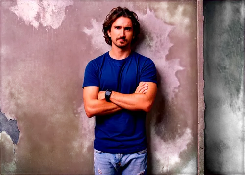 "Close-up, facial expression, male, 30s, messy brown hair, stubble, worn-out shirt, distressed denim pants, dirty sneakers, leaning against wall, arms crossed, frustrated, sweat droplets, shallow focu