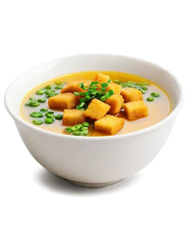 Steaming hot bowl, savory soup, white ceramic, rounded edges, golden broth, green onions, crispy croutons, sprinkle of paprika, solo, still life, warm lighting, shallow depth of field, 3/4 composition