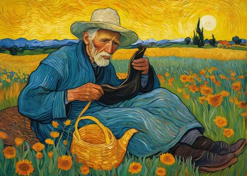 vincent van gough,vincent van gogh,picking flowers,agriculture,farmer,agricultural,yellow grass,khokhloma painting,valensole,winemaker,yellow sun hat,amarillo,wheat field,santa fe,field of cereals,chair in field,flowers field,pilgrim,wheat crops,khorasan wheat,Art,Artistic Painting,Artistic Painting 03