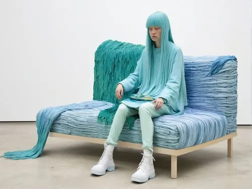 Prompt,a woman in green sits on a sofa made from two cushions and covers,sagmeister,kawakubo,chaise,austra,armchair,turquoise wool,zentai,sofa,burzenin,makishima,rayon,new concept arms chair,chair,thr