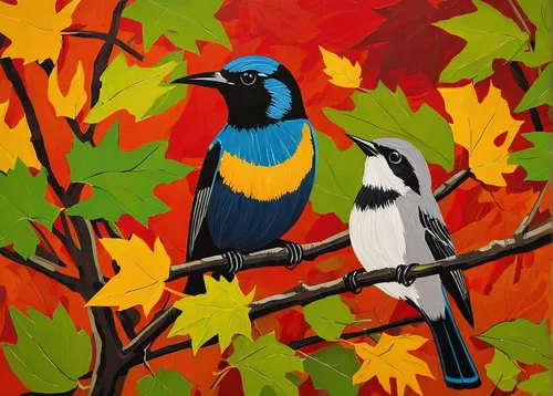 Fall Color - SOLD - Halin de Repentigny - painting,bird painting,black billed magpie,colorful birds,birds on a branch,birds on branch,magpie,passerine parrots,toucans,blue jay,blue jays,bananaquit,ste