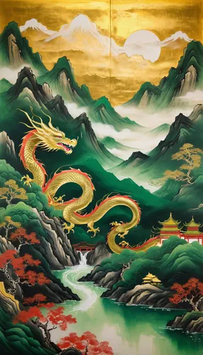 dragon, drawn with gold thin line, ultra detailed, Chinese painting, beaten gold, gold leaf, meticulous painting, oriental minimalism, huge brushstroke ancient painting, poetic, Sichuan, China, close-